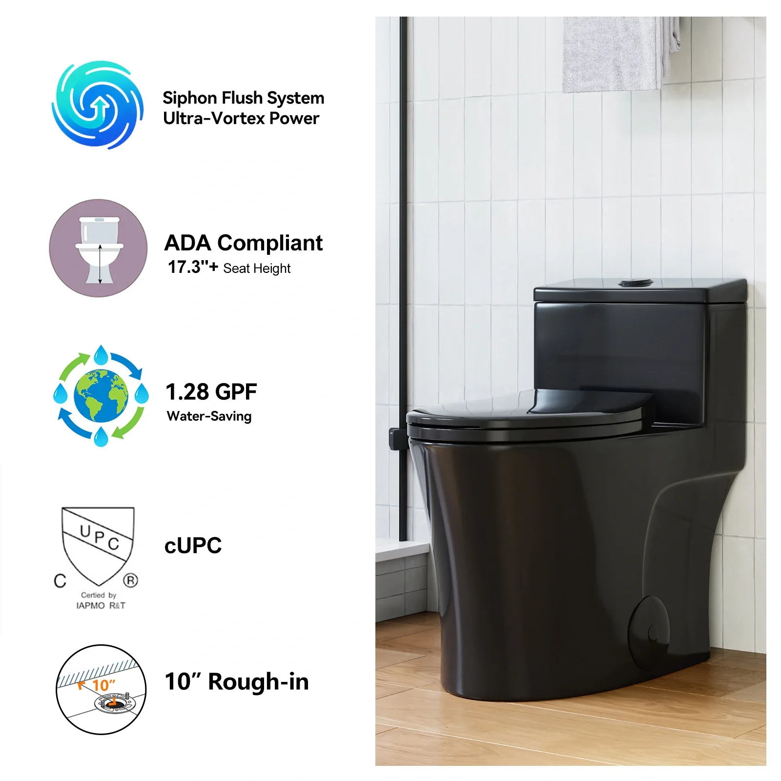 HOROW 10 Inch Rough In Toilet Black One Piece Toilet Model T0338B-10 - Image 6