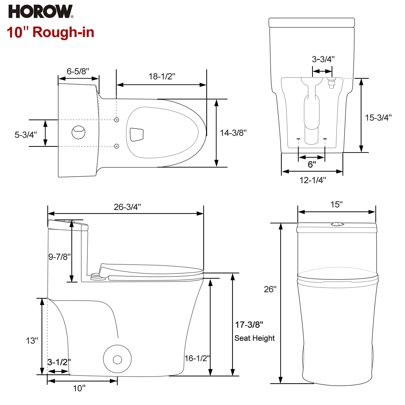 HOROW 10 Inch Rough Toilet Bowl Elongated One Piece Toilet Model T0338W-10 - Image 13