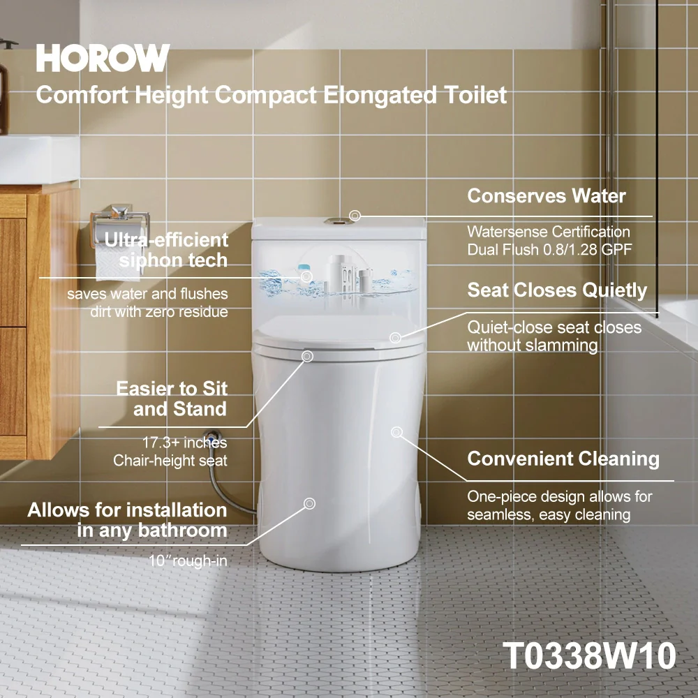 HOROW 10 Inch Rough Toilet Bowl Elongated One Piece Toilet Model T0338W-10 - Image 3