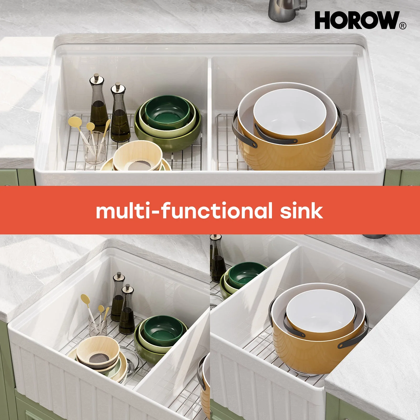 HOROW 33" Double Bowl Ceramic Kitchen Sink with Drainboard - Image 13