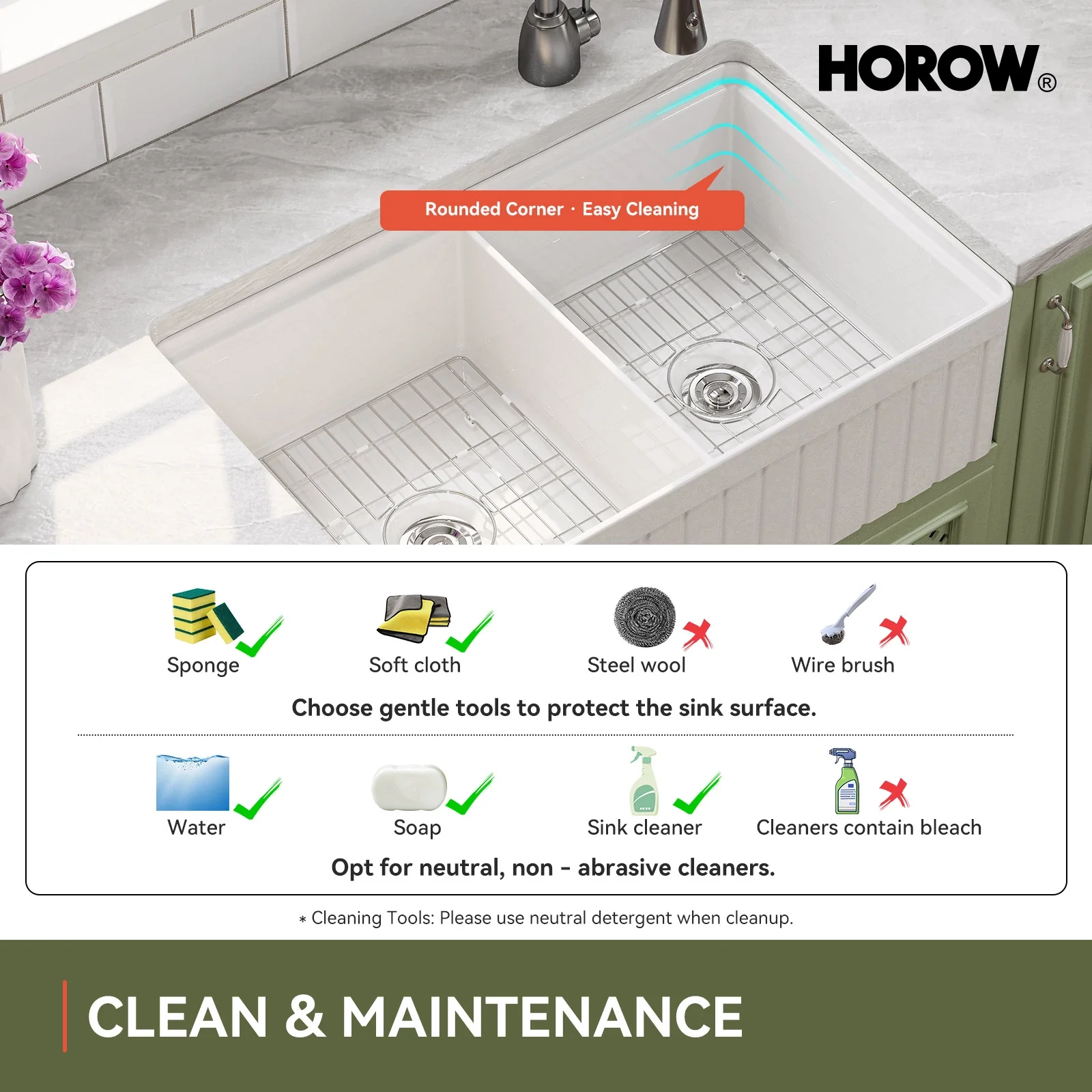 HOROW 33" Double Bowl Ceramic Kitchen Sink with Drainboard - Image 15