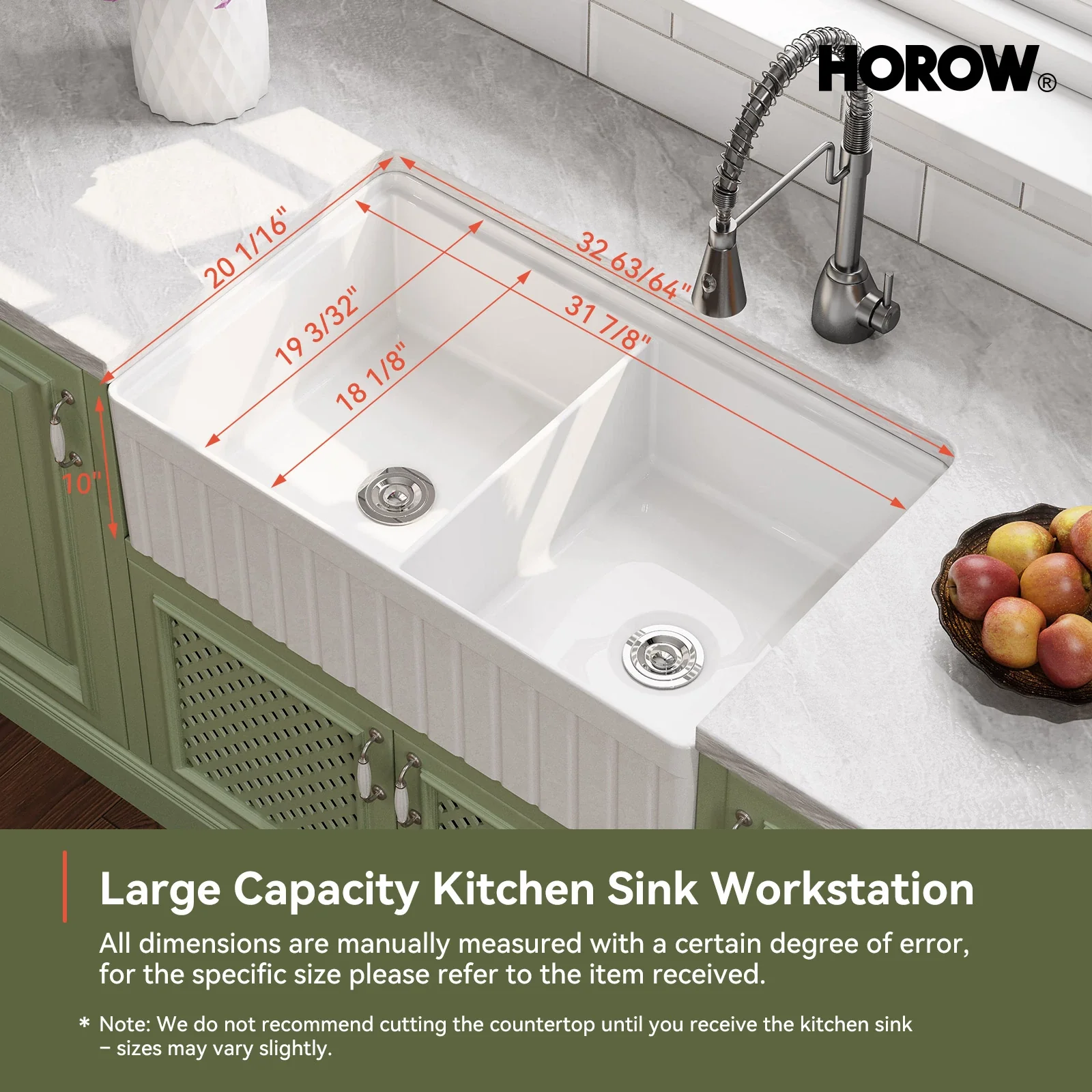 HOROW 33" Double Bowl Ceramic Kitchen Sink with Drainboard - Image 16