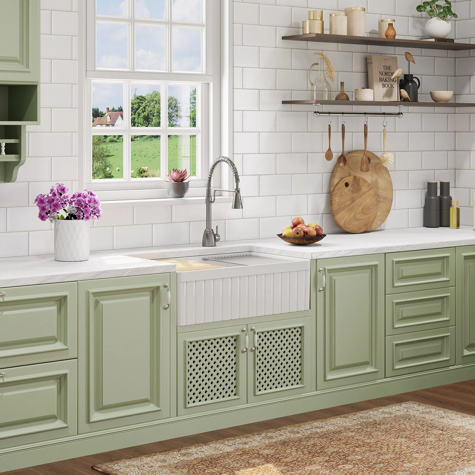 HOROW 33" Double Bowl Ceramic Kitchen Sink with Drainboard - Image 3