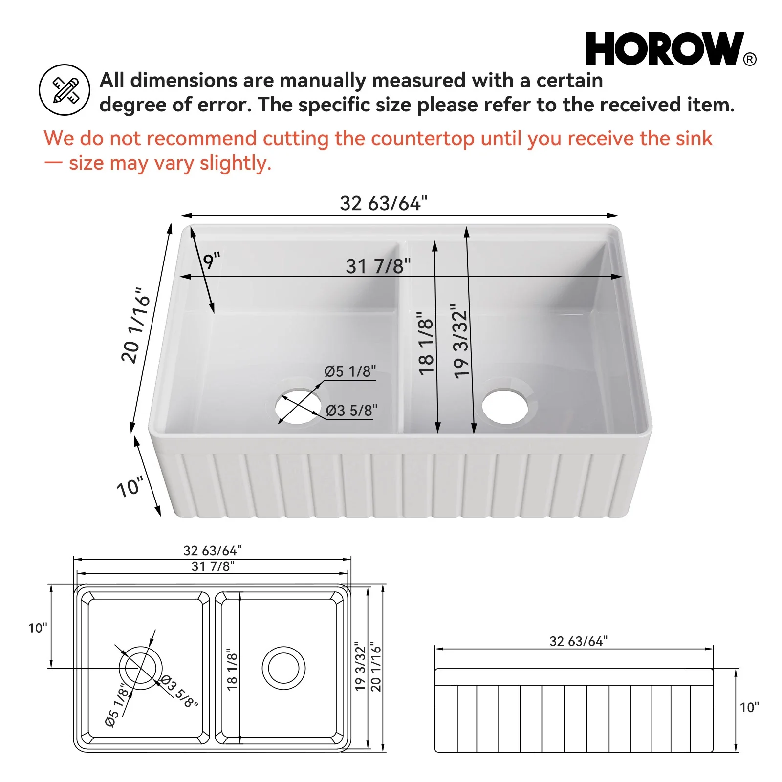 HOROW 33" Double Bowl Ceramic Kitchen Sink with Drainboard - Image 5
