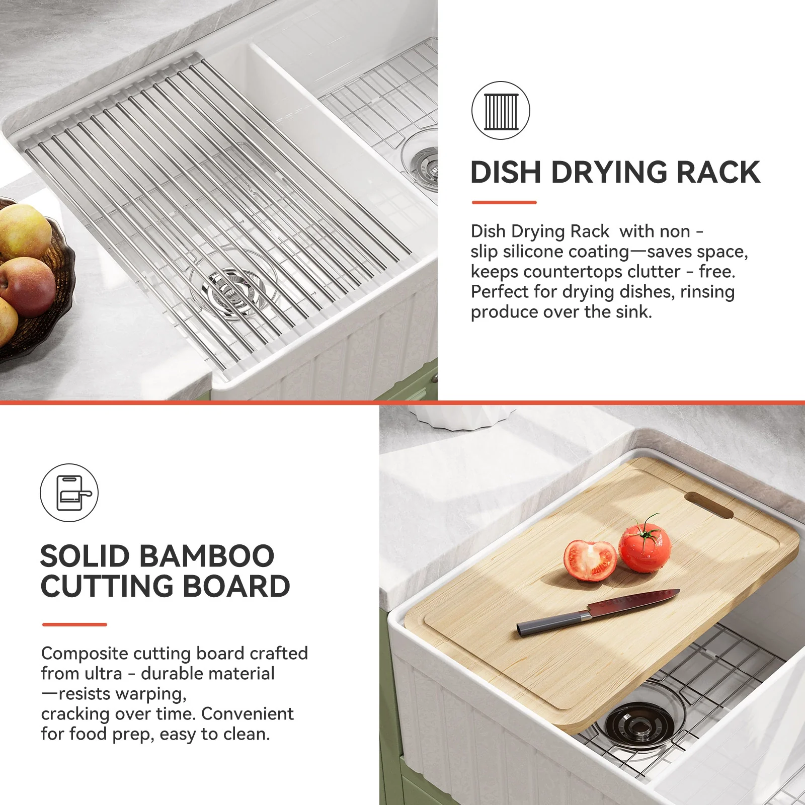 HOROW 33" Double Bowl Ceramic Kitchen Sink with Drainboard - Image 6