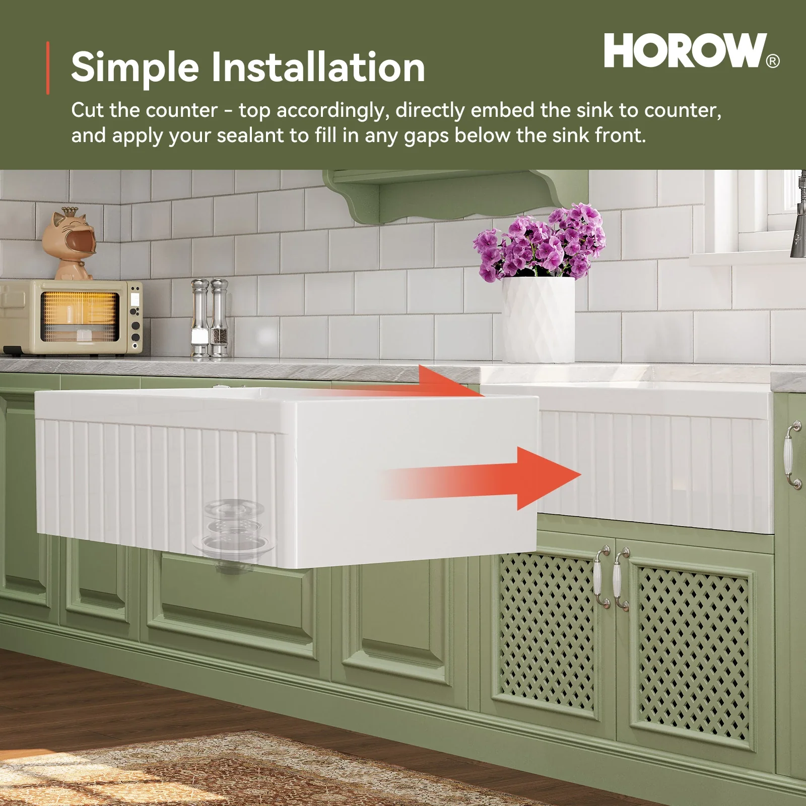 HOROW 33" Double Bowl Ceramic Kitchen Sink with Drainboard - Image 9