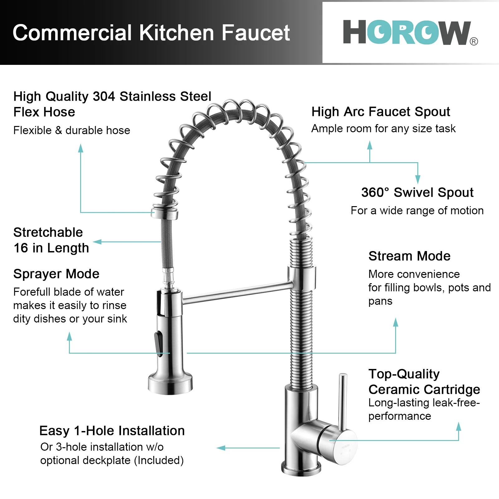 HOROW Best Kitchen Faucet With Pull Down Sprayer Model HR-KF0229B - Image 8