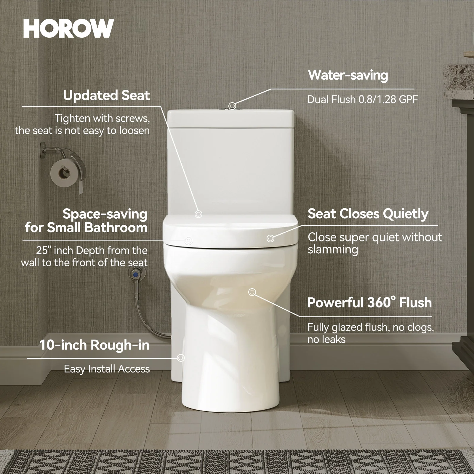HOROW Small Toilet 1.28 GPF 10 Inch Rough In Toilet Model 8733-10 - Image 3